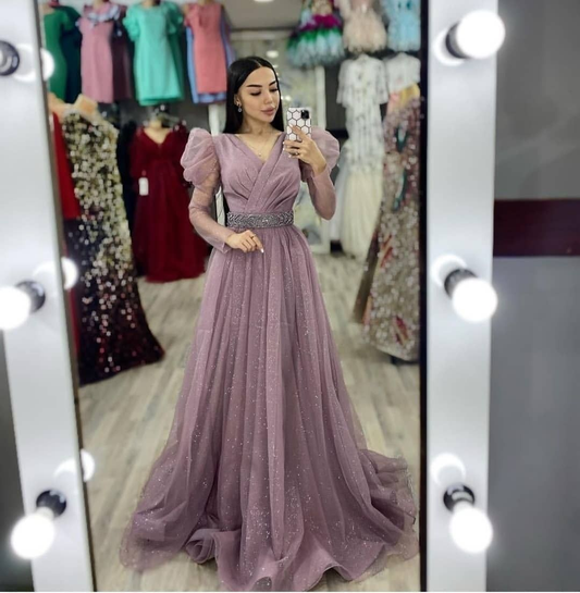 Funkelndes A-Linien-Abendkleid aus Tüll, schlichtes Abendkleid Y4993