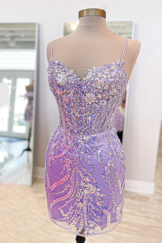 Träger Lavendel Pailletten Applikationen Enges Mini Homecoming Kleid Y4007