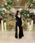 Vestido de noche largo negro con escote en V profundo, vestido de dama de honor negro Y4648