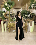 Vestido de noche largo negro con escote en V profundo, vestido de dama de honor negro Y4648