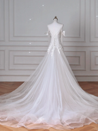 Fee Weiß V-Ausschnitt Tüll Spitze Applikationen Meerjungfrau Abendkleid, Langes Hochzeitskleid Y8636