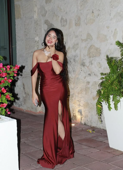 Elegante vestido de noche estilo sirena color burdeos con aberturas laterales, vestido formal de fiesta Y8414