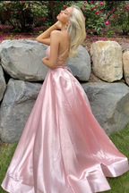 Schlichtes Rosa A-Linie Satin Partykleid Seitenschlitz Ballkleid Abendkleid Y8563