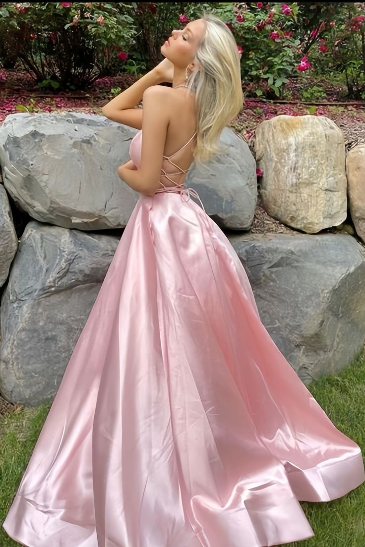 Schlichtes Rosa A-Linie Satin Partykleid Seitenschlitz Ballkleid Abendkleid Y8563