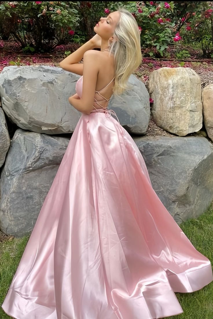 Schlichtes Rosa A-Linie Satin Partykleid Seitenschlitz Ballkleid Abendkleid Y8563