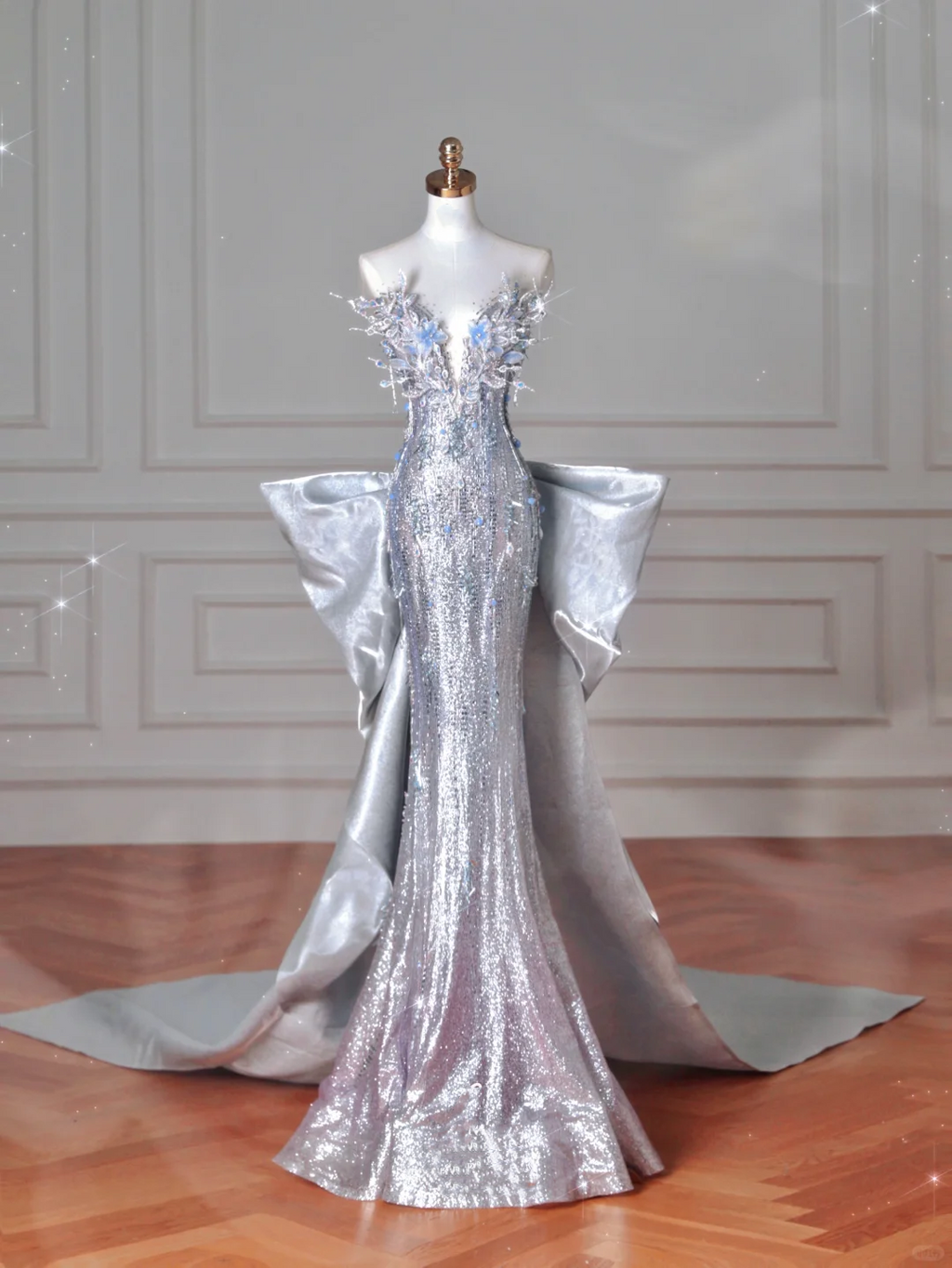 Luxus Silber Pailletten 3D Perlen Meerjungfrau Abendkleid Langes Ballkleid mit Schleife Y8640