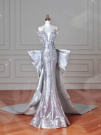 Luxus Silber Pailletten 3D Perlen Meerjungfrau Abendkleid Langes Ballkleid mit Schleife Y8640