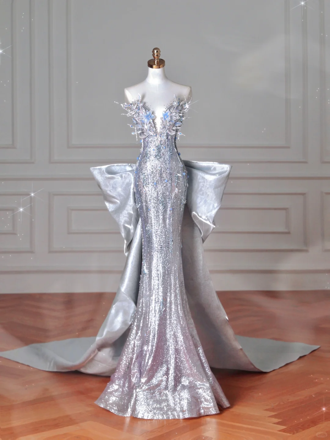 Luxus Silber Pailletten 3D Perlen Meerjungfrau Abendkleid Langes Ballkleid mit Schleife Y8640