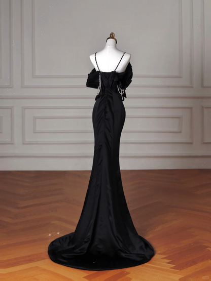 Elegante vestido de noche de sirena con tirantes finos de satén negro y hombros descubiertos, vestido de fiesta Y8641