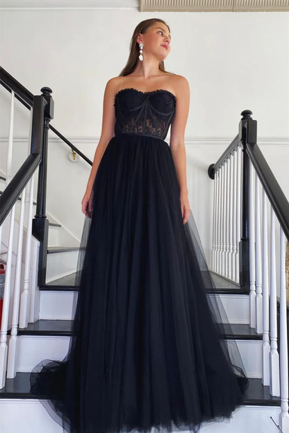 Trägerloses schwarzes Spitzen-Tüll-Langballkleid, schwarzes Spitzen-Formalkleid, schwarzes Abendkleid Y205