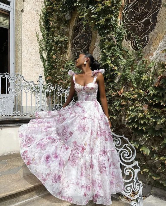 Vestido de fiesta de gasa con estampado de rosas, corte A, vestido de noche Y8498