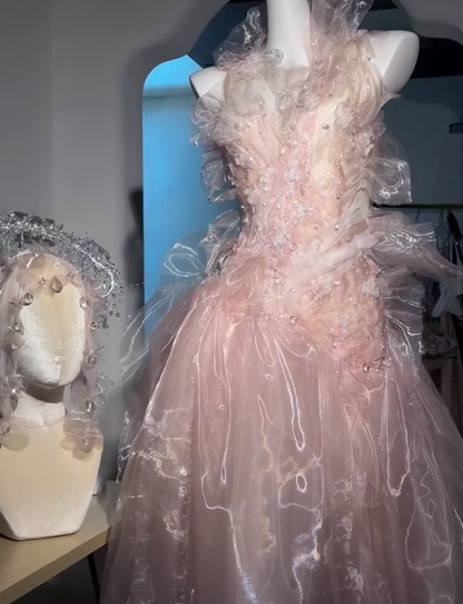 Vestido de fiesta largo de tul rosa hada con cuentas y espalda descubierta Y8564
