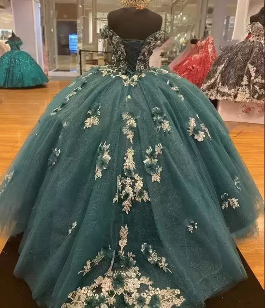 Vestidos de quinceañera verde oscuro con hombros descubiertos, estilo princesa, con flores, Y4432