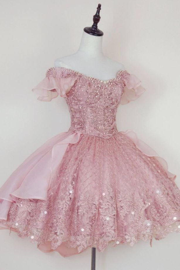 Vestido de fiesta corto con apliques de encaje rosa princesa Y2502