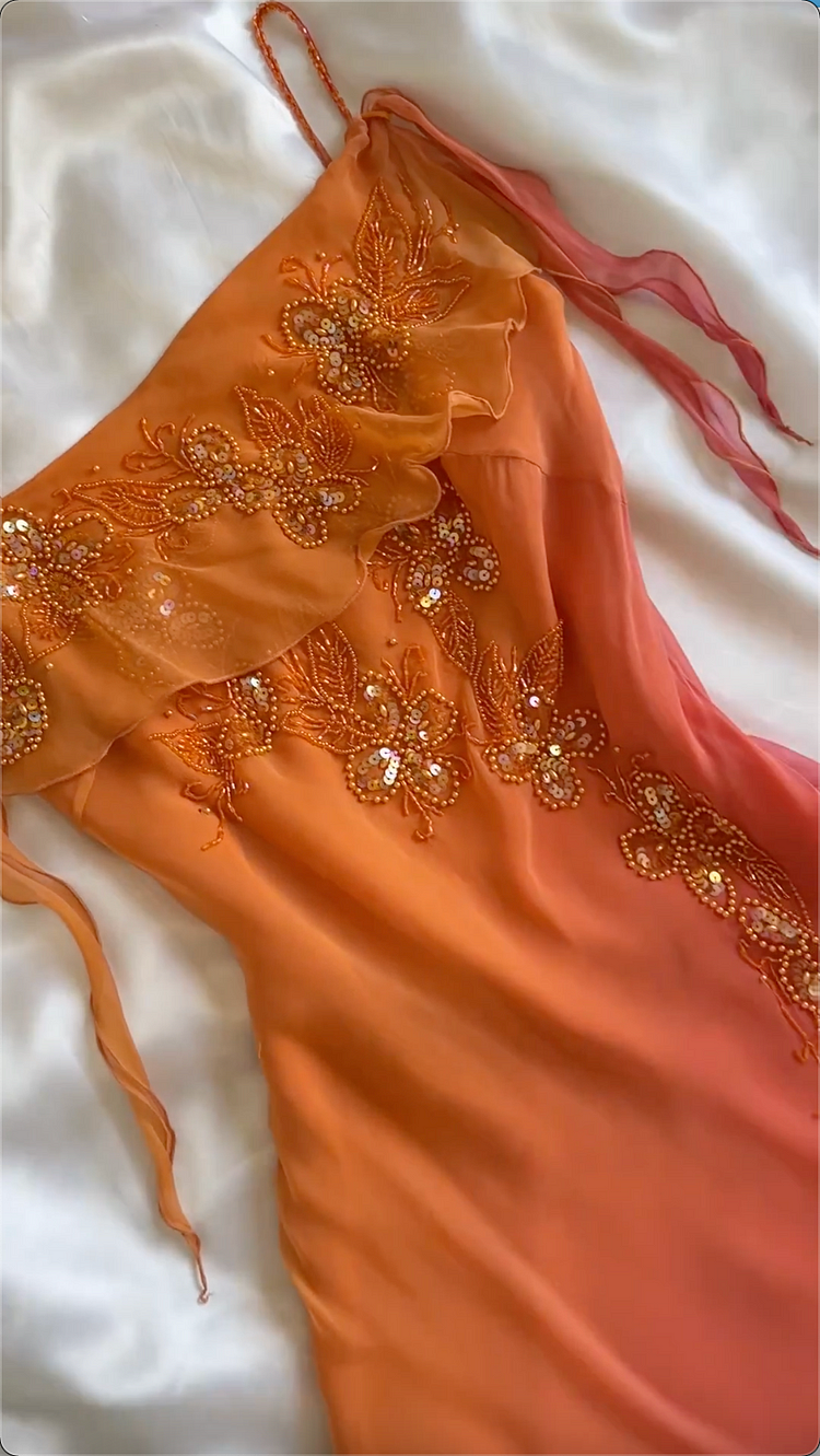 Elegantes Spaghettiträger Ombre Orange Chiffon Perlenbesetztes Ballkleid Abendkleid Y8304