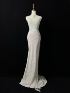 Sparkly White Spaghetti Straps Sequins Prom Dress Mermaid Slit Tassel Evening Dress Y8648