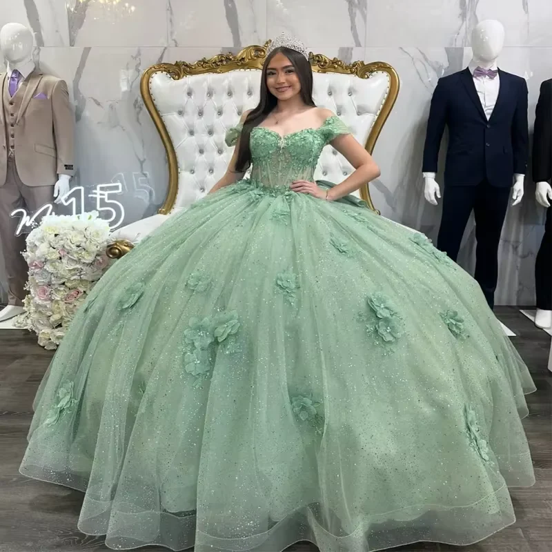 Glitzerndes Salbeigrünes Quinceanera-Kleid, Tüllapplikationen, Pailletten, Kristalle, Geburtstagsparty, Ballkleid mit Schleife, Y8116