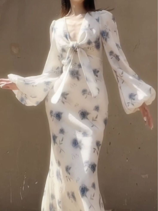 Elegante vestido de fiesta de gasa con estampado floral y rosas en azul hielo, vestido de noche largo estilo sirena Y8407