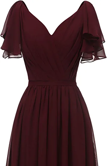 Brautjungfernkleid mit Blattärmeln und V-Ausschnitt, Chiffon, lang, formelles Hochzeitsabendkleid Y1206