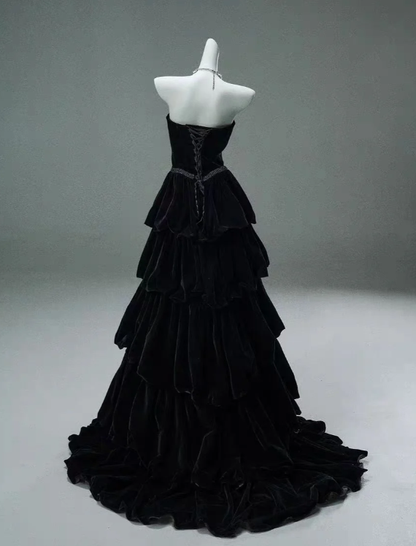 Chic Black A-line Layered Evening Dress Black Strapless Evening Gown Y4378