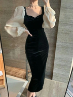 Vestido de invierno elegante de terciopelo con escote en V y costuras negras, estilo retro, de cintura alta y mangas abullonadas, Y5673