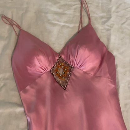 Wunderschönes rosa Spaghettiträger Satin Perlen Abendkleid Langes Ballkleid Y8216