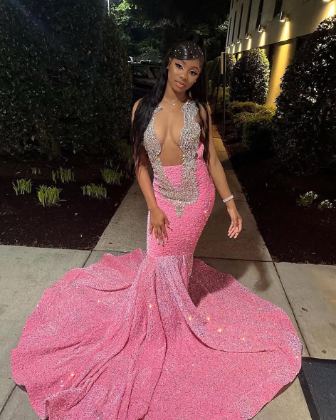 Wunderschönes rosa Perlen Pailletten Abendkleid Meerjungfrau Ballkleid Y8016
