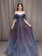 Vestido de fiesta largo de tul morado con cielo estrellado oscuro, vestido de noche de corte A Y924