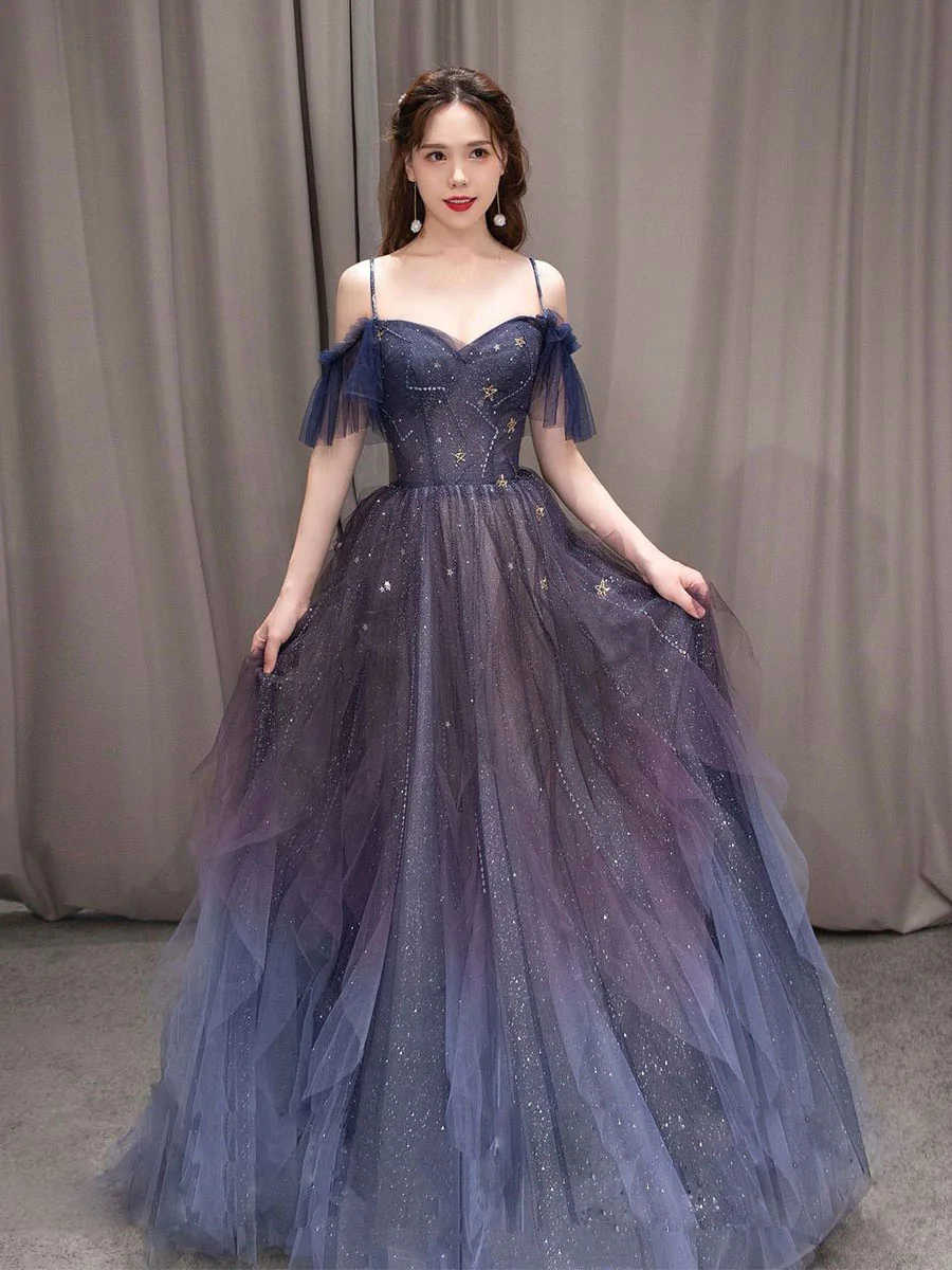 Vestido de fiesta largo de tul morado con cielo estrellado oscuro, vestido de noche de corte A Y924