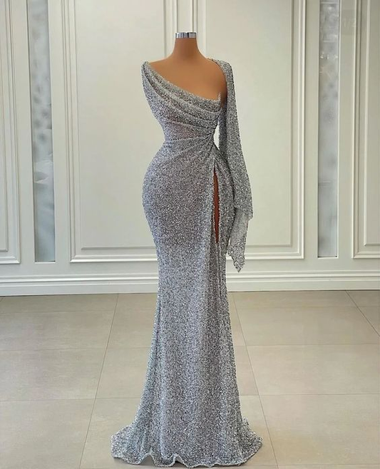 Vestido de fiesta largo de sirena con lentejuelas y escote irregular, vestido de noche encantador Y269