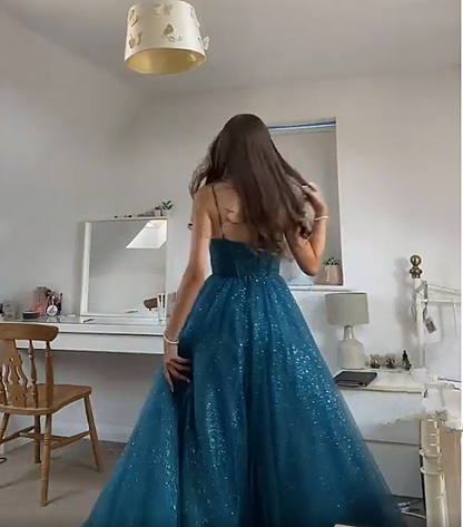 A-Linie Spaghettiträger Glitzer Tüll Ballkleid Schickes Abendkleid Y406