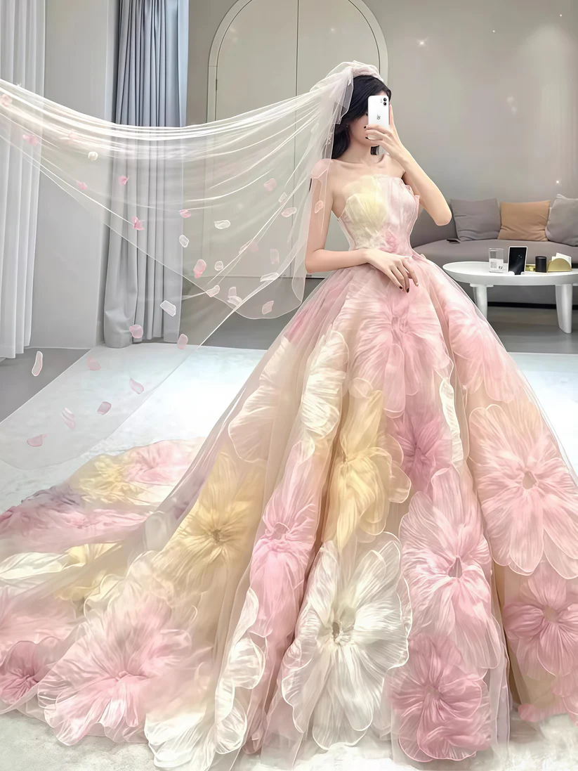 Vestido de fiesta floral de princesa de ensueño, vestido de fiesta de noche sin tirantes, vestido de novia Y8289