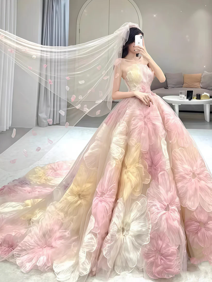Dream Princess Floral Ball Gown, Strapless A-line Evening Prom Dress,Wedding Dress Y8289