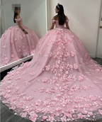 Rosa Off Schulter Ballkleid Quinceanera Kleider 3D Applikationen Korsett Kleid Y6791