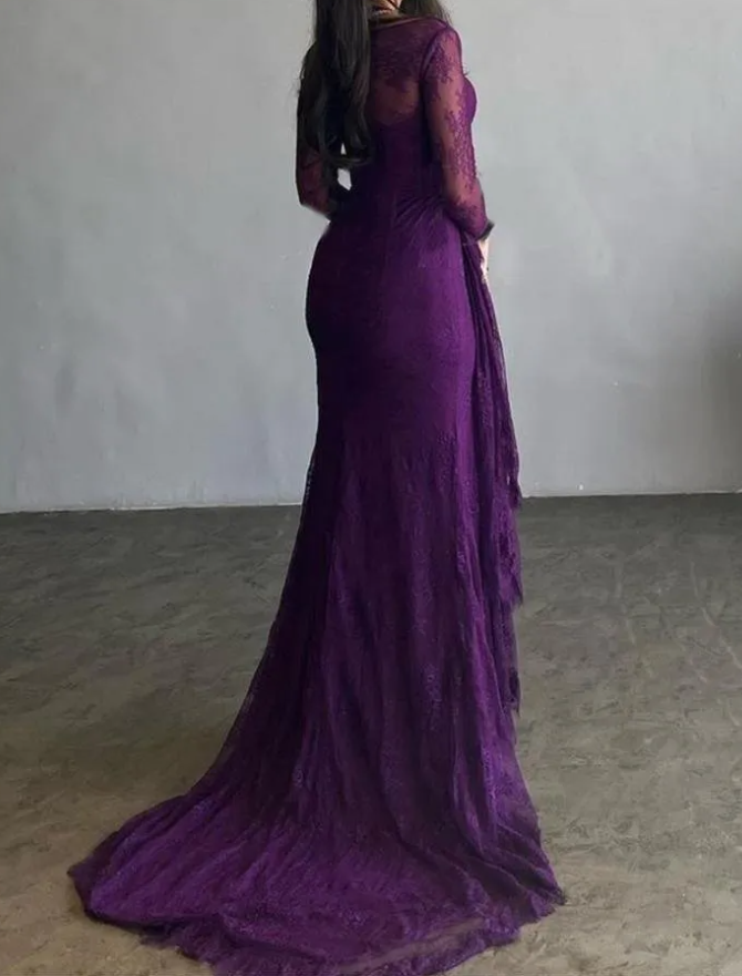 Hermoso vestido de noche morado largo de sirena con encaje plisado y abertura lateral Y7766