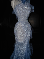 Wunderschönes blaues Tüll-Pailletten-Perlen-Rüschen-Meerjungfrau-Abschlussballkleid, formelles Abendkleid, Hochzeitskleid Y8671