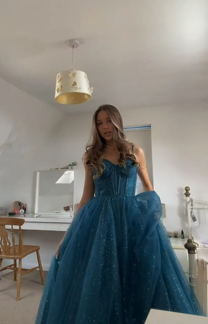 A-Linie Spaghettiträger Glitzer Tüll Ballkleid Schickes Abendkleid Y406