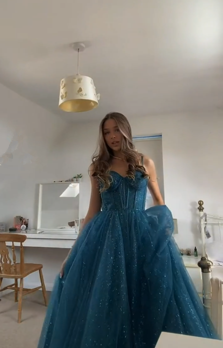 A-Linie Spaghettiträger Glitzer Tüll Ballkleid Schickes Abendkleid Y406