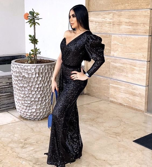 Schwarze Pailletten Einärmeliges Meerjungfrau Ballkleid Schwarzes Abendkleid Y5880