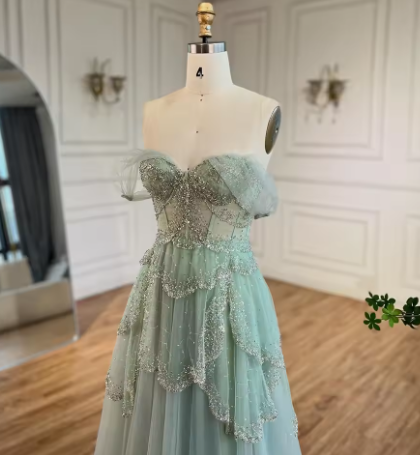 Sage Green A-Line Off The Shoulder Tulle Beaded Evening Dress Formal Prom Dress Y8157