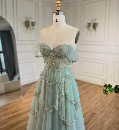 Sage Green A-Line Off The Shoulder Tulle Beaded Evening Dress Formal Prom Dress Y8157