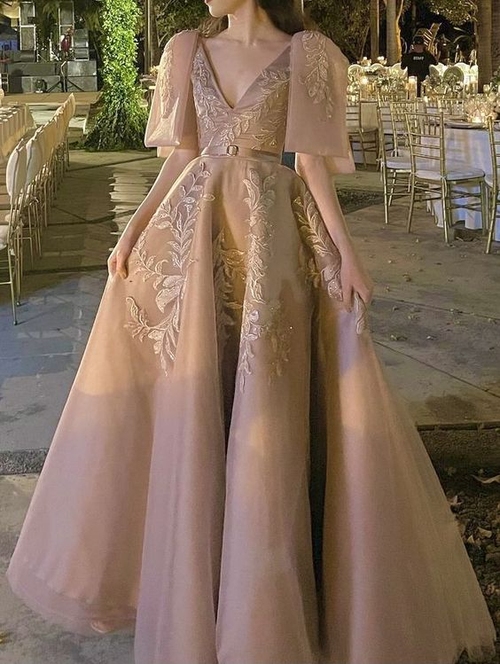 Vestido de noche elegante con apliques en forma de A para recepción Y6327