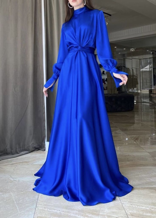 Vestido de fiesta azul rey con corte en A y mangas largas. Vestido de noche azul rey Y5857