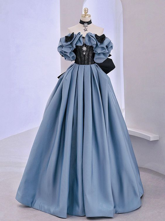 Blaues langes Ballkleid aus Satin und Spitze, schulterfrei, Abendkleid Y5621