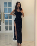 Vestido de noche negro sexy con abertura alta Y4358