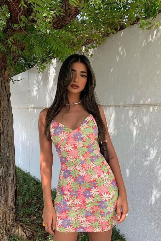 Mini-Heimkehrkleid mit Blumendruck und Spaghettiträgern Y2688