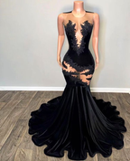 Vestido de fiesta sexy con apliques de encaje, vestido de noche de sirena negro Y6497