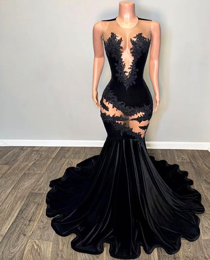 Sexy Spitzenapplikationen Ballkleid Schwarz Meerjungfrau Abendkleid Y6497