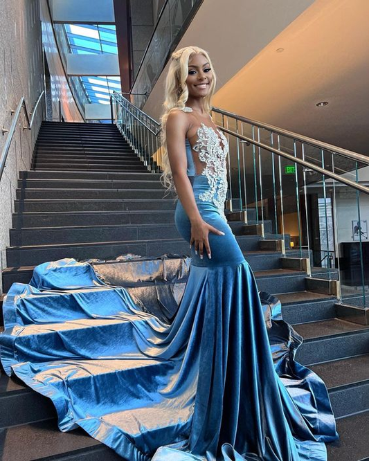 Vestido de fiesta africano de encaje sirena azul bebé Y4253