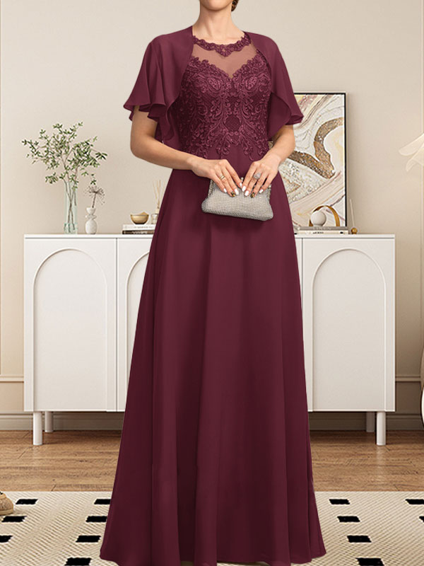 Vestido de gasa con encaje y lentejuelas para madre de la novia, corte A, escote ilusión, largo hasta el suelo